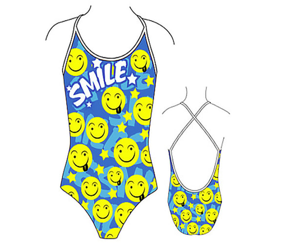 Girls Swim Suit - Happy Kids - Smiley Girl (Royal)