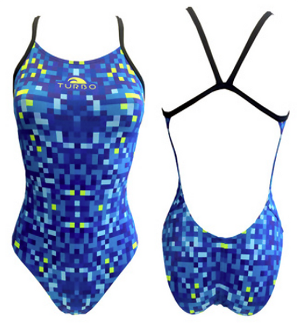 Women Swim Suit - Pro Racer Thin Straps - Pixels (Royal)