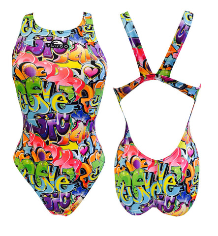 Girls Swim Suit - Wide Straps - Graffiti (Yellow)