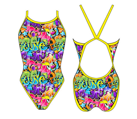 Girls Swim Suit - Revolution Thin Straps - Graffiti (Yellow)