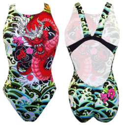 Women Swim Suit - Wide Straps - Red Dragon (Black)