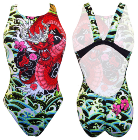 Women Swim Suit - Wide Straps - Red Dragon (Black)