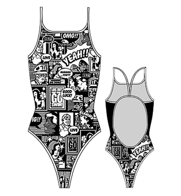 Girls Swim Suit - Thin Straps - Yeah! Comic (White & Black)