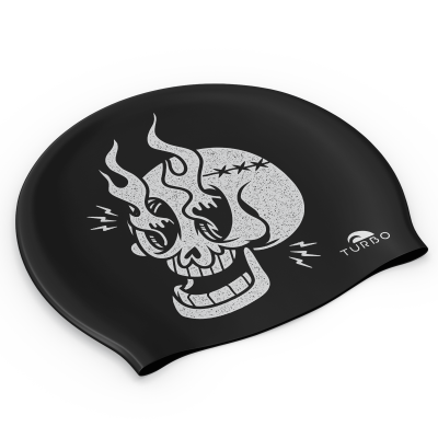 Swimming Cap - Suede Silicone Adult - Skull Fire (Black)